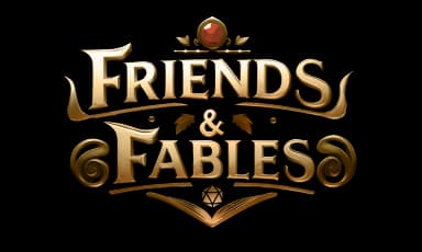 Friends & Fables full logo with book and dice